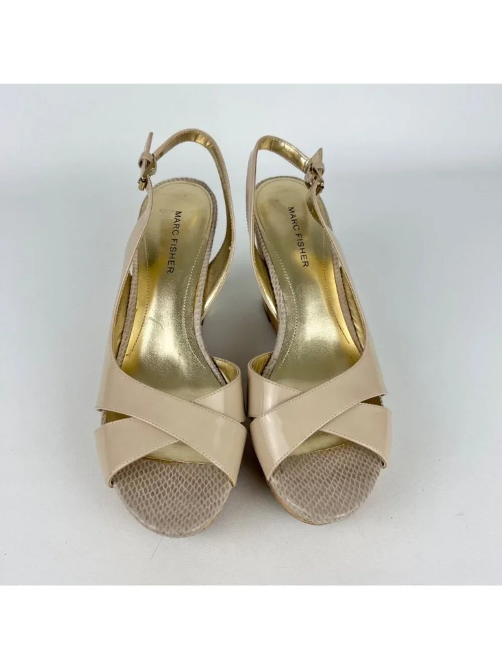 Marc Fisher Womens Wasin II Nude Tan Wedge Sandal Cork Platform Peep Toe size 9